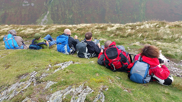 The gang sheltering from the wind on Outserside