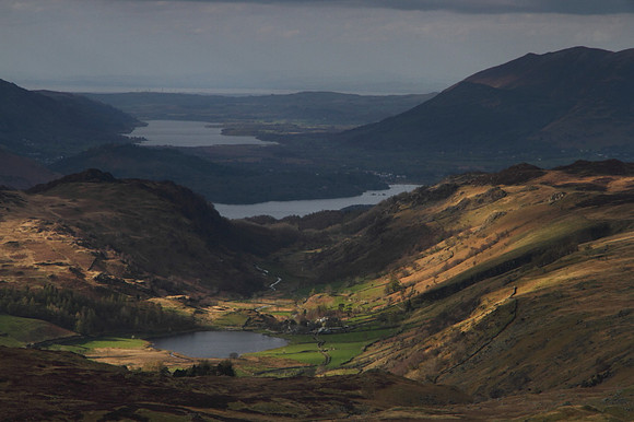 Watendlath Tarn, Derwent Water & Bassenthwaite Lake on descent from Ullscarth