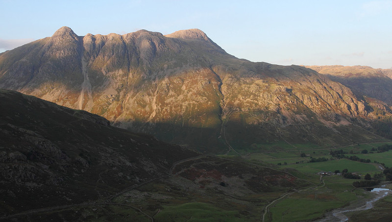 Evening light on Langdale Pikes, from near Great Knott