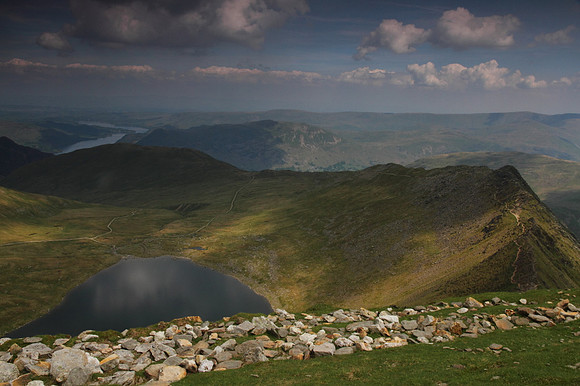 Red Tarn, Striding Edge and Ullswater from Helvellyn Summit