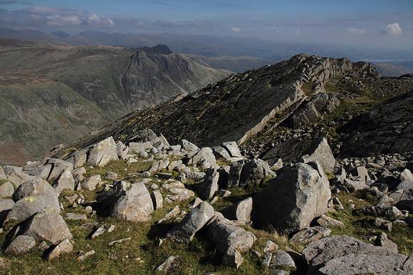 Great Slab and Langdale Pikes from Bowfell